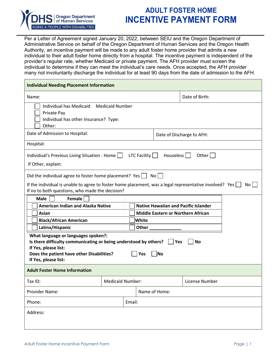 Adult Foster Home Incentive Payment Form - Oregon, Page 1