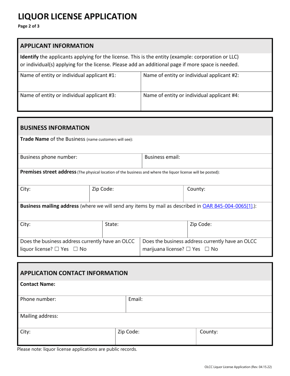 Liquor License Application - Oregon, Page 3