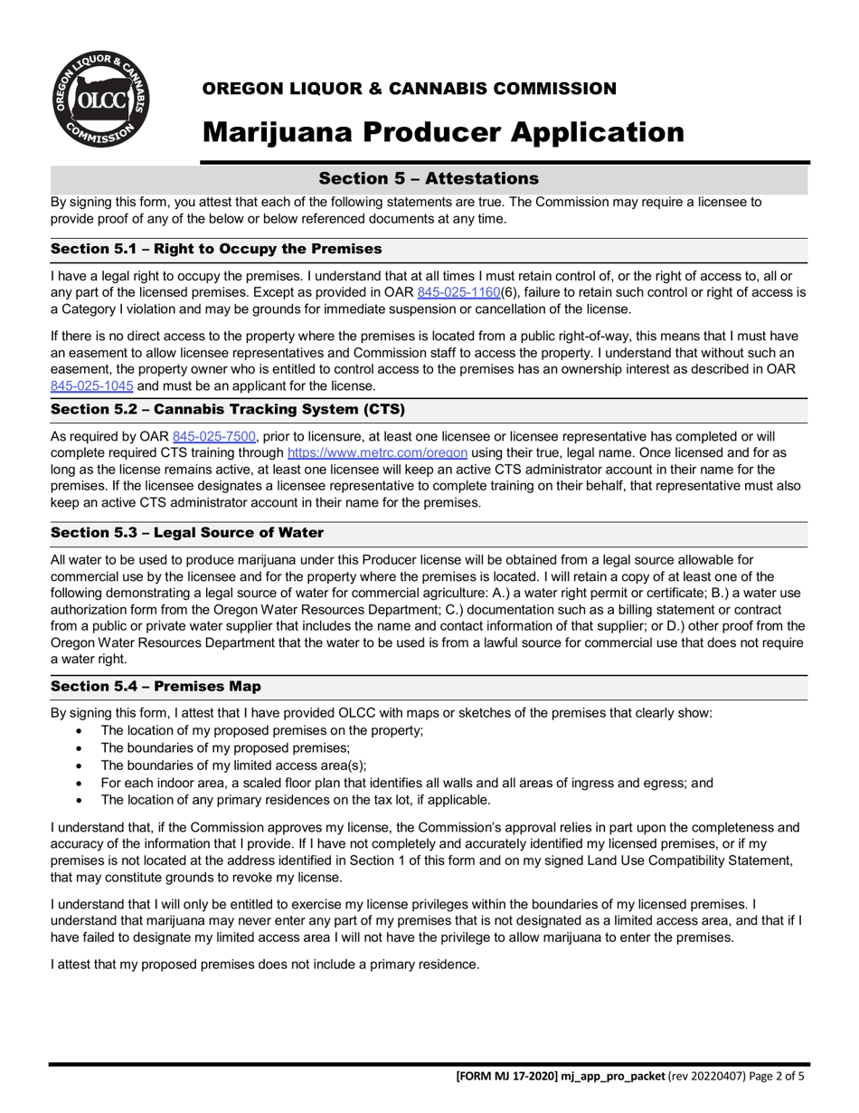 Form MJ17-2020 Marijuana Producer Application - Oregon, Page 3
