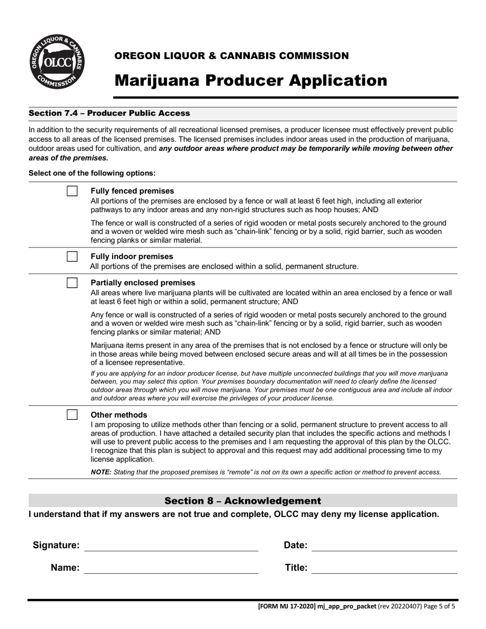 Form MJ17-2020 Marijuana Producer Application - Oregon, Page 6