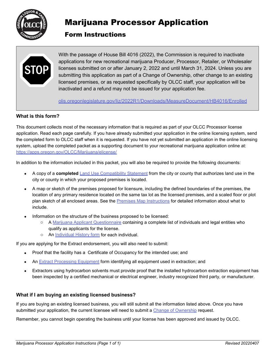 Form MJ17-3020 Marijuana Processor Application - Oregon, Page 1