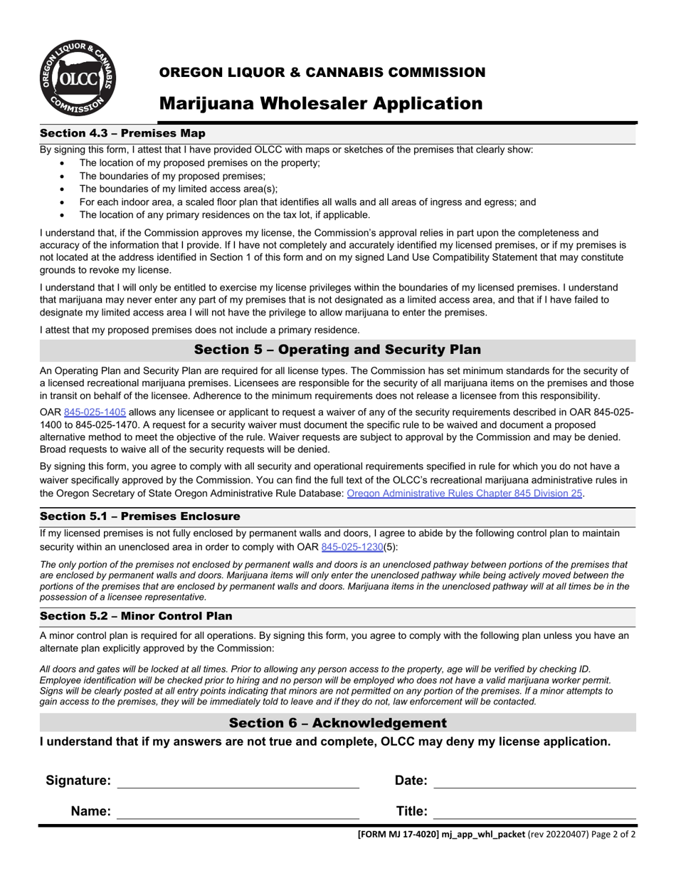 Form MJ17-4020 Marijuana Wholesaler Application - Oregon, Page 3