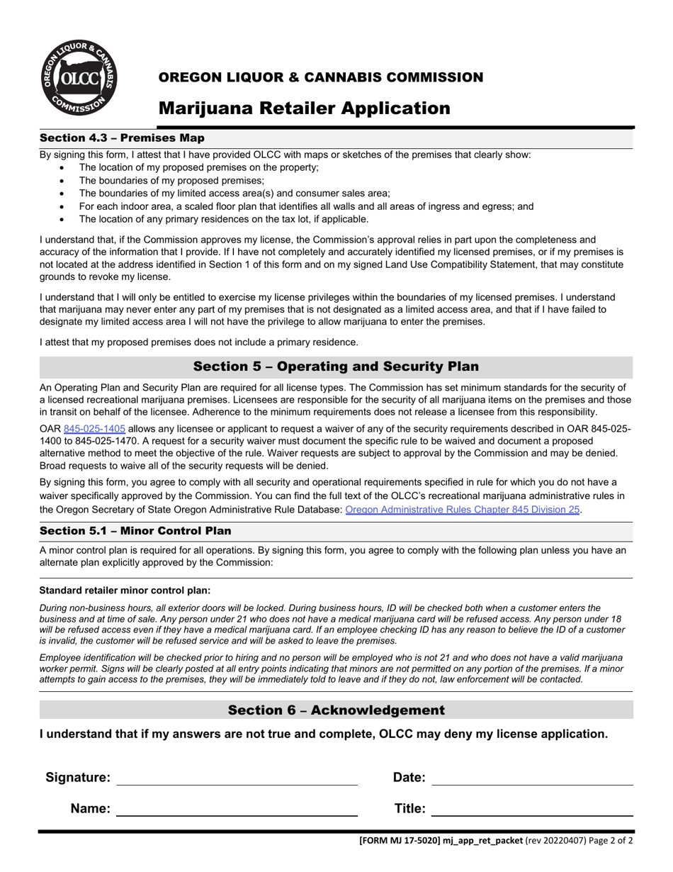 Form MJ17-5020 Marijuana Retailer Application - Oregon, Page 3