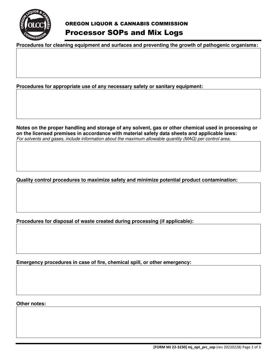 Form MJ22-3230 Processor Sops and Mix Logs - Oregon, Page 3