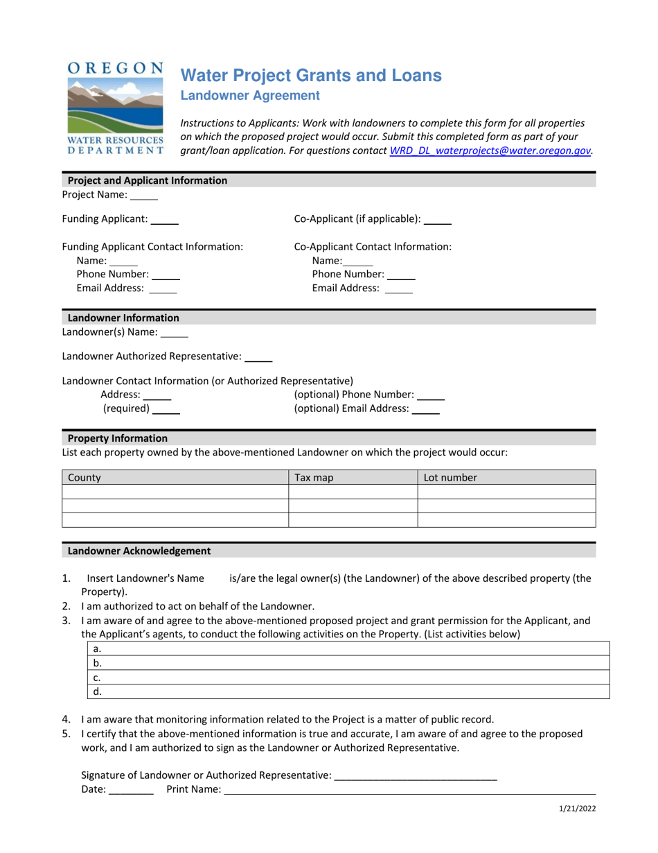 Water Project Grants and Loans Landowner Agreement - Oregon, Page 1