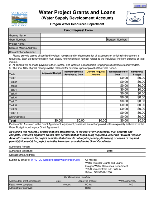 Fund Request Form - Water Project Grants and Loans (Water Supply Development Account) - Oregon Download Pdf