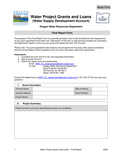 Final Report Form - Water Project Grants and Loans (Water Supply Development Account) - Oregon Download Pdf