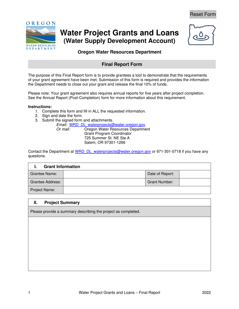 Final Report Form - Water Project Grants and Loans (Water Supply Development Account) - Oregon, Page 1
