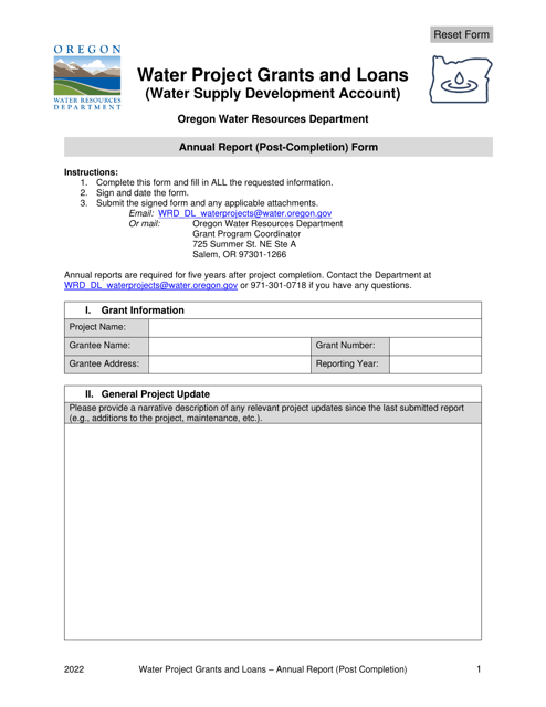 Annual Report (Post-completion) Form - Water Project Grants and Loans (Water Supply Development Account) - Oregon Download Pdf