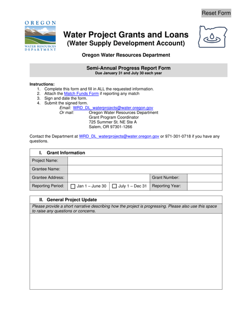 Semi-annual Progress Report Form - Water Project Grants and Loans (Water Supply Development Account) - Oregon Download Pdf