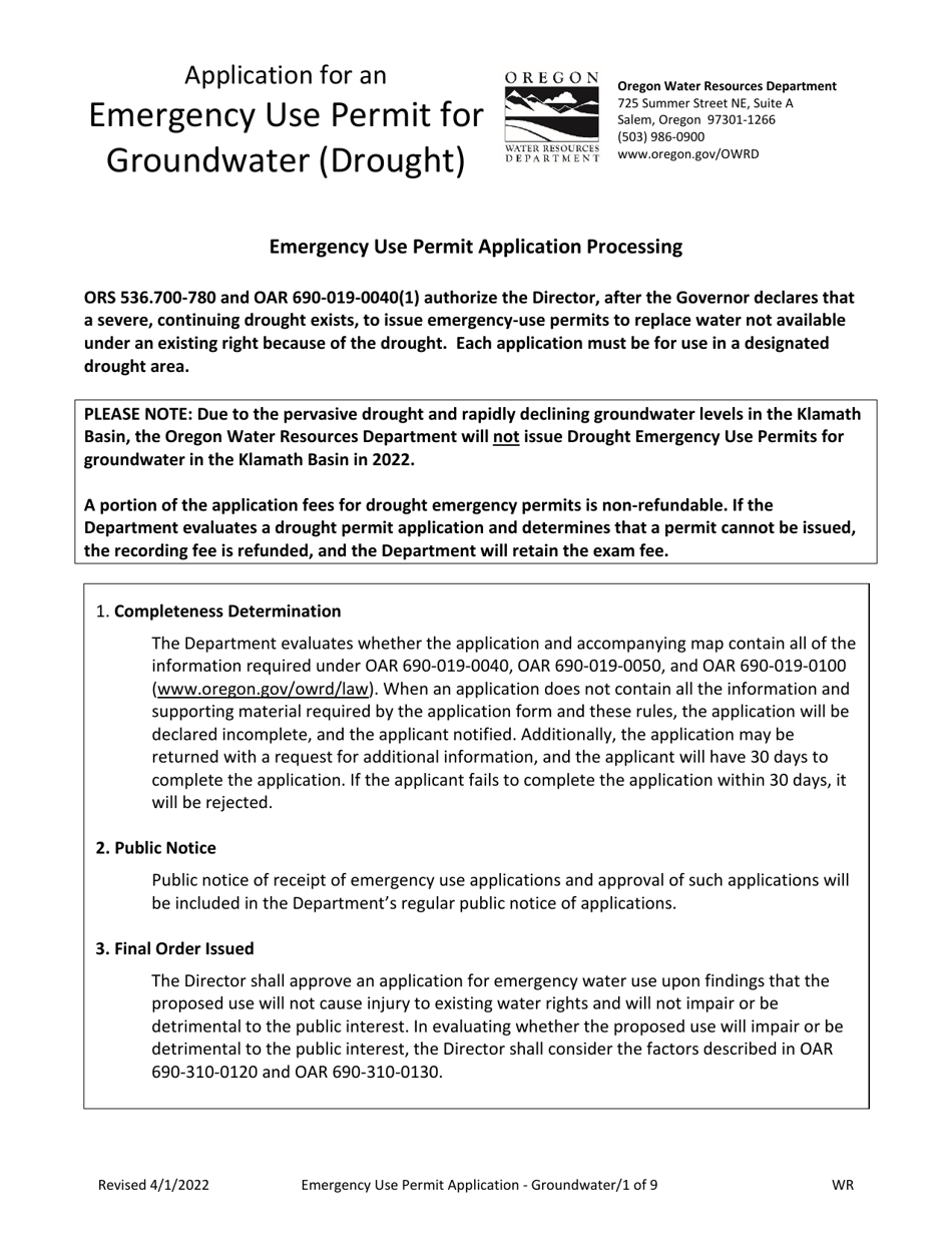 Application for an Emergency Use Permit for Groundwater (Drought) - Oregon, Page 1