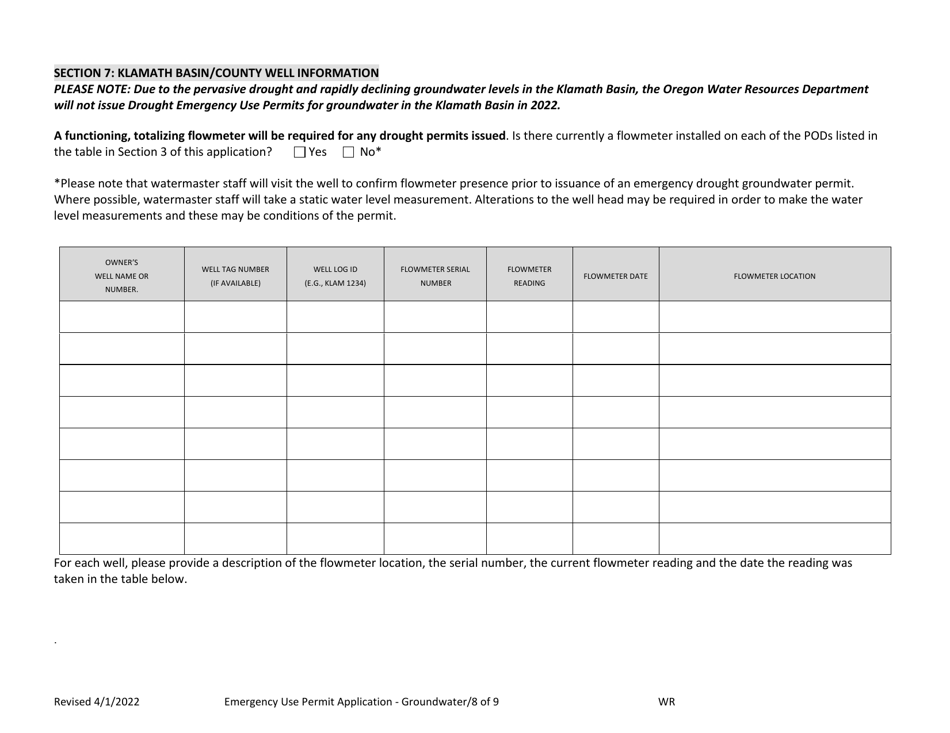 Application for an Emergency Use Permit for Groundwater (Drought) - Oregon, Page 8