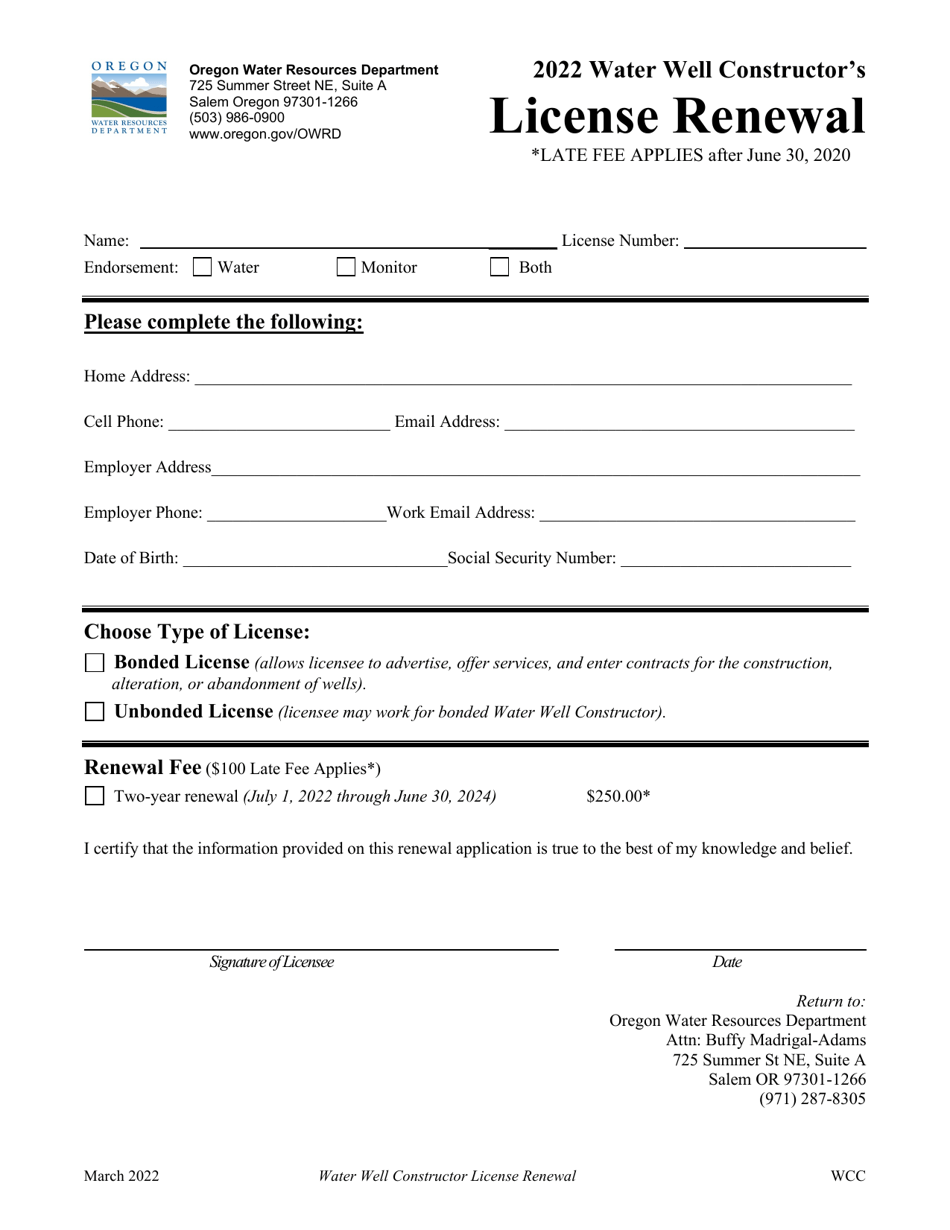 Water Well Constructors License Renewal (Late Fee Applies) - Oregon, Page 1