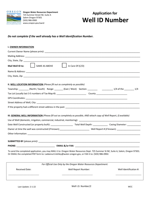 Application for Well Id Number - Oregon Download Pdf