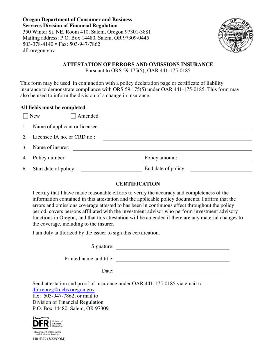 Form 440-5379 Attestation of Errors and Omissions Insurance - Oregon, Page 1