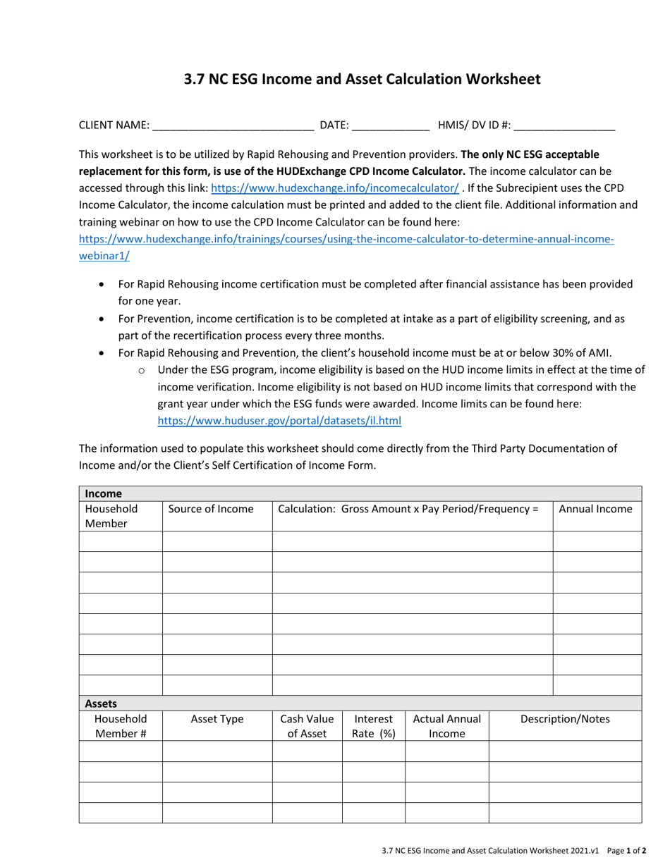 3.7 Nc Esg Income and Asset Calculation Worksheet - North Carolina, Page 1