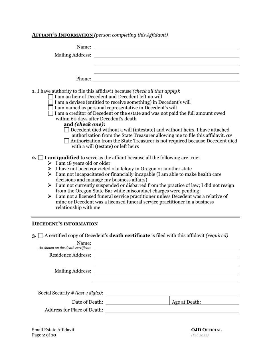 Small Estate Affidavit - Oregon, Page 9