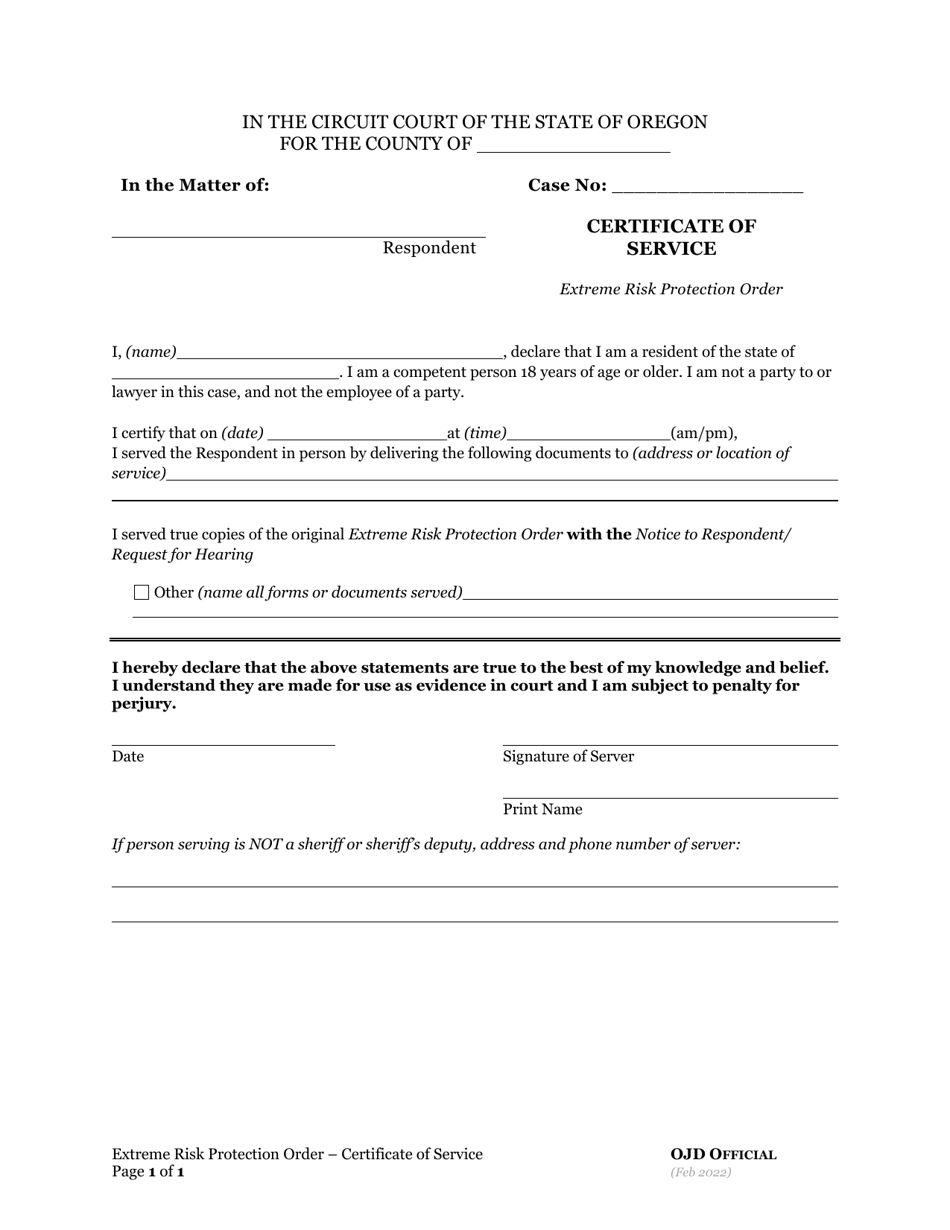 Certificate of Service - Extreme Risk Protection Order - Oregon, Page 1