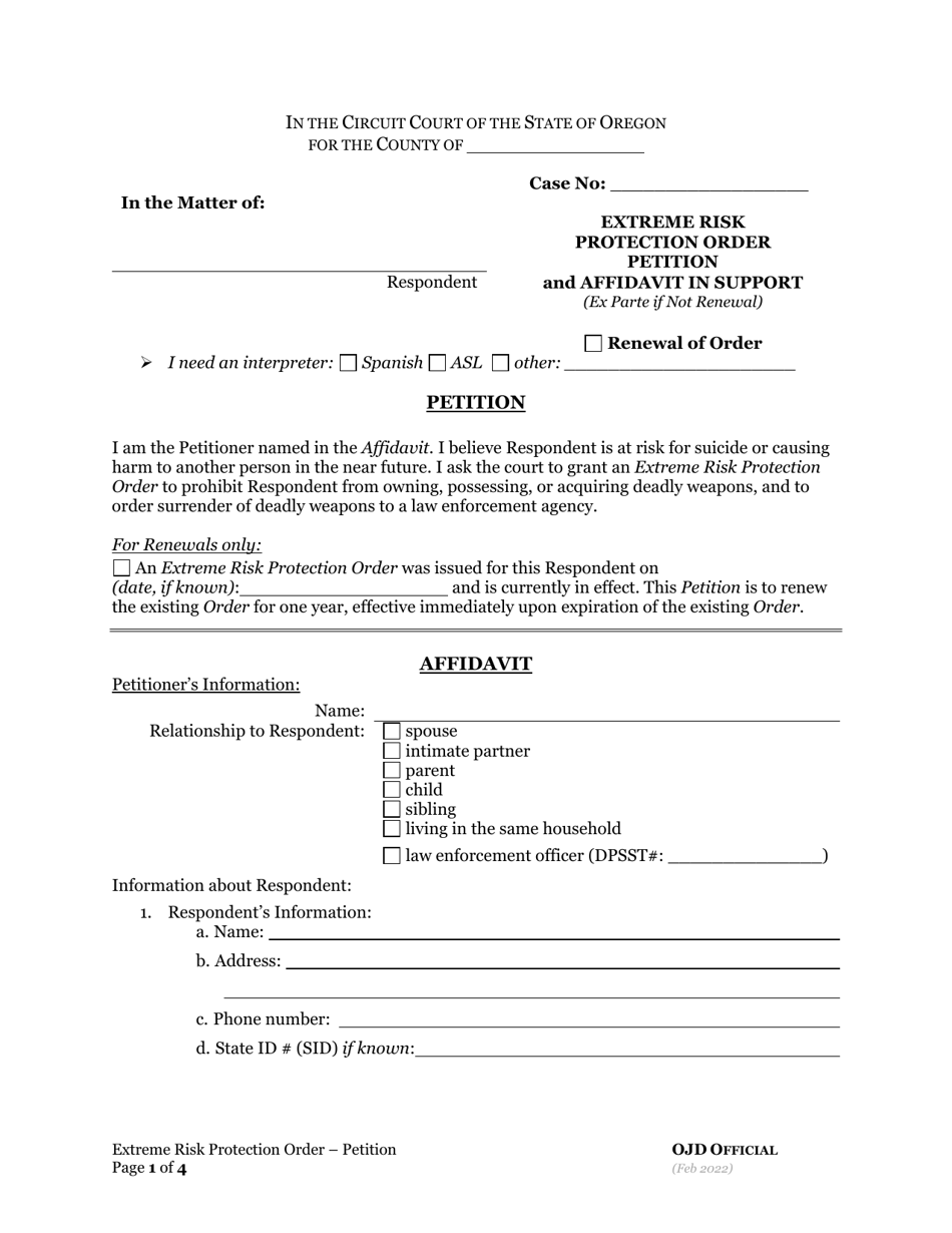 Extreme Risk Protection Order Petition and Affidavit in Support (Ex Parte if Not Renewal) - Oregon, Page 1