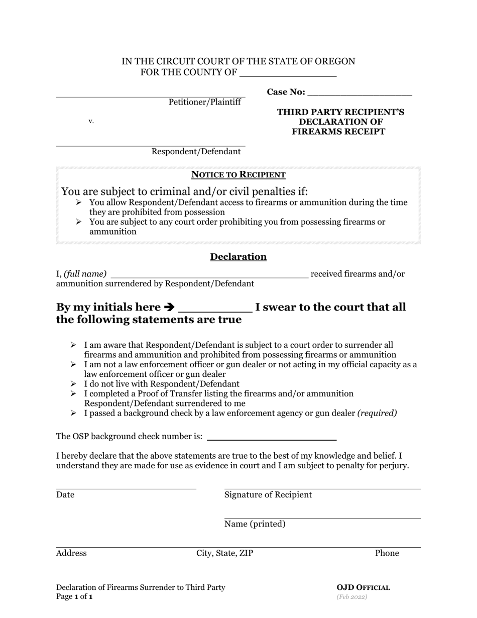 Third Party Recipients Declaration of Firearms Receipt - Oregon, Page 1