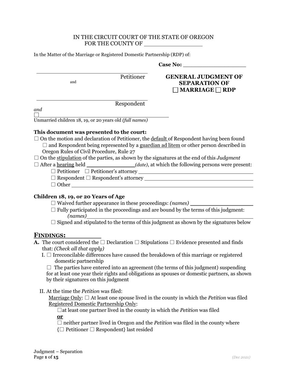 General Judgment of Separation of Marriage / Rdp With Children - Oregon, Page 1