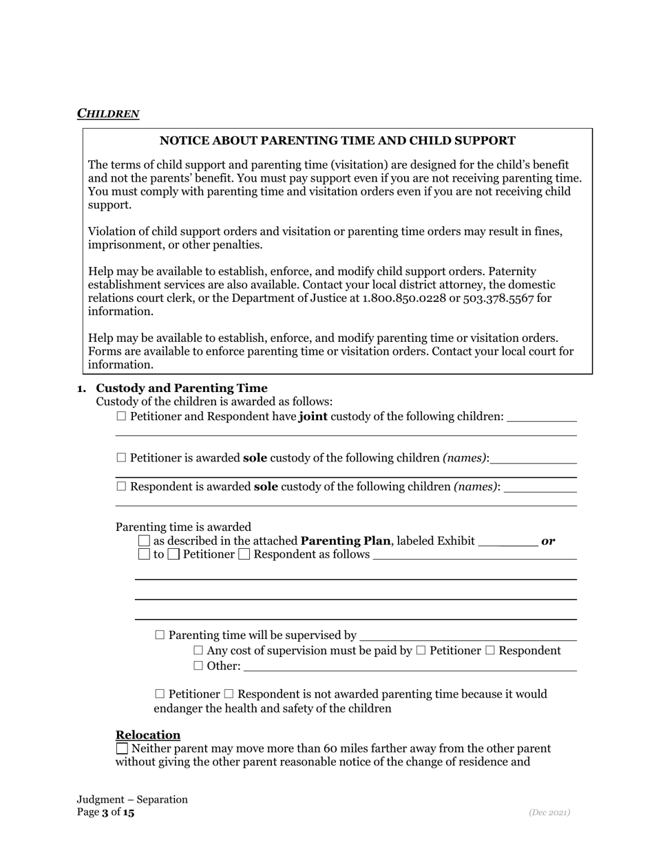 General Judgment of Separation of Marriage / Rdp With Children - Oregon, Page 3