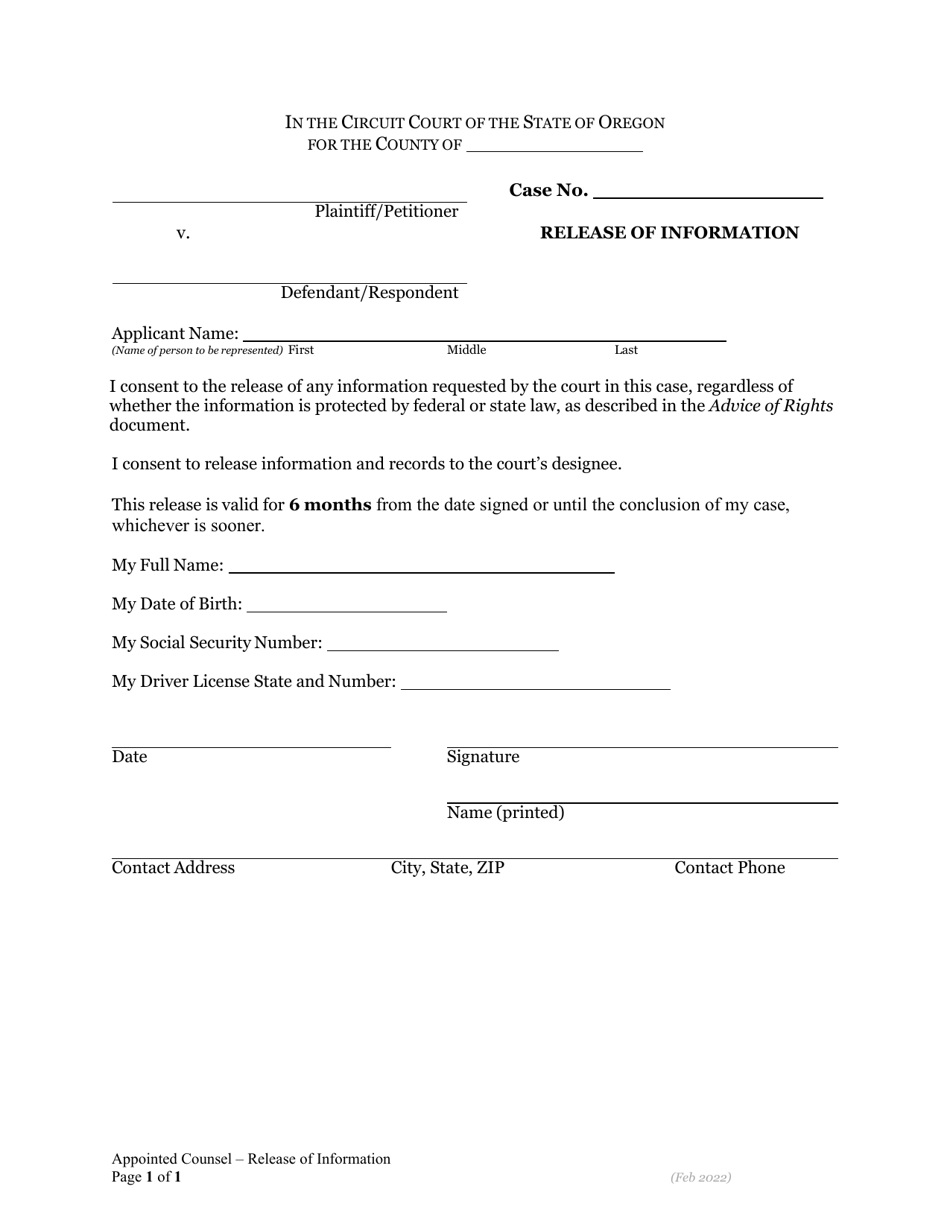 Appointed Counsel - Release of Information - Oregon, Page 1