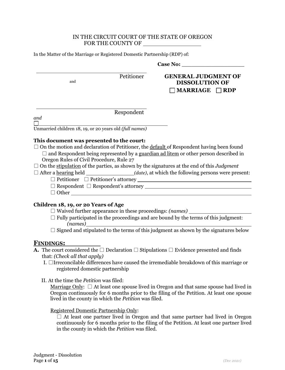 Oregon General Judgment Of Dissolution Of Marriage Rdp - Fill Out, Sign 