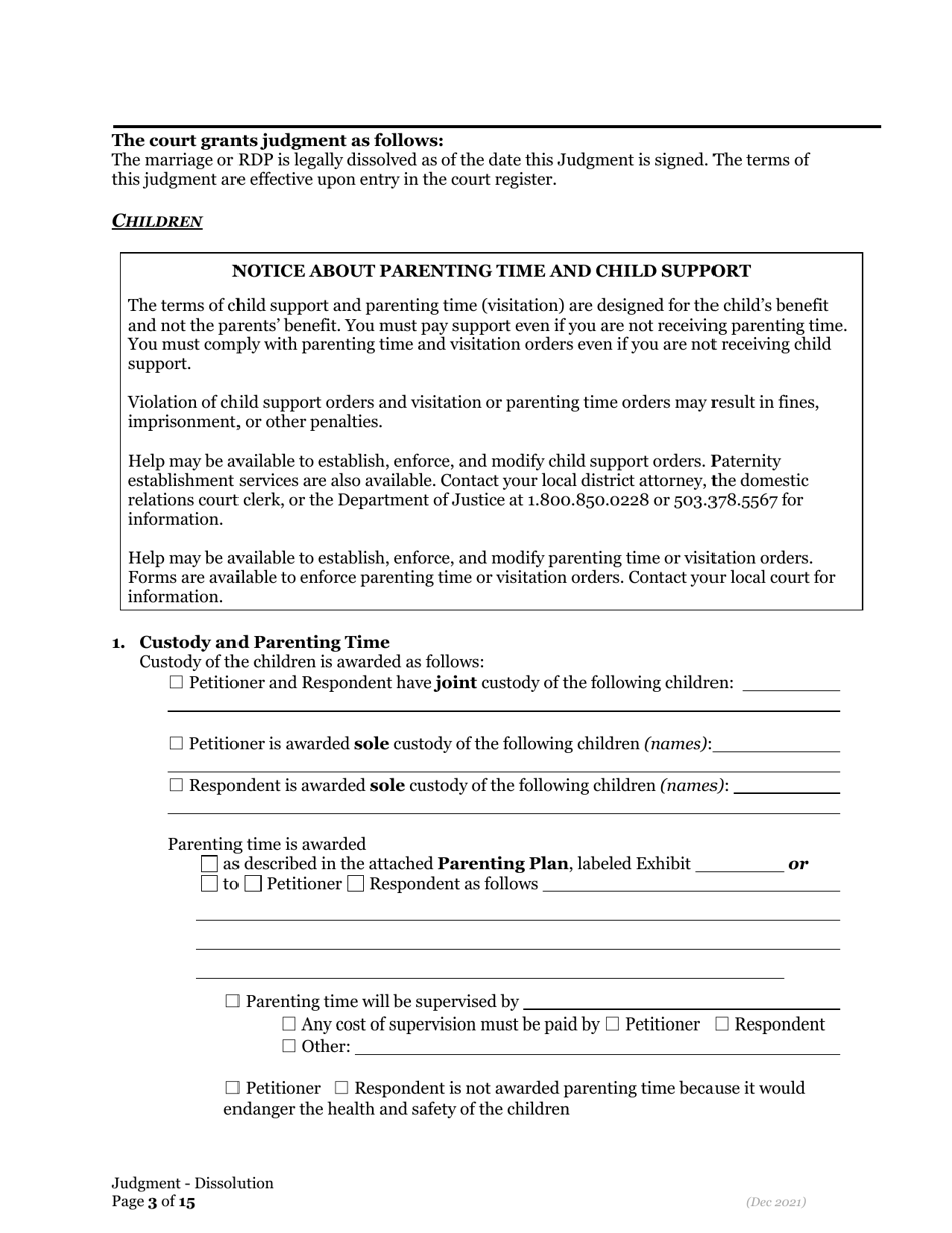 General Judgment of Dissolution of Marriage / Rdp - Oregon, Page 3