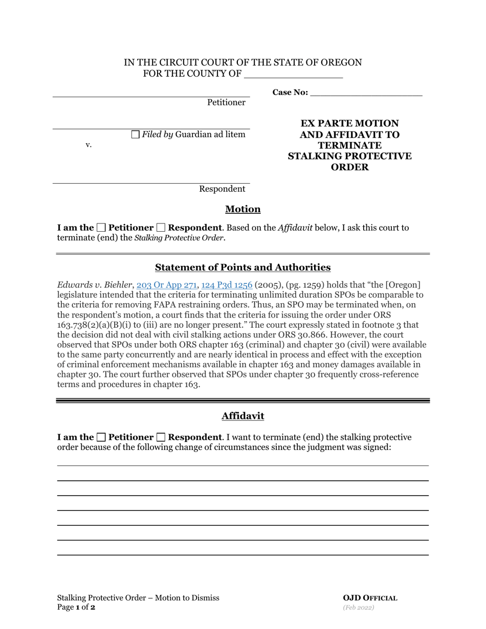 Ex Parte Motion and Affidavit to Terminate Stalking Protective Order - Oregon, Page 1
