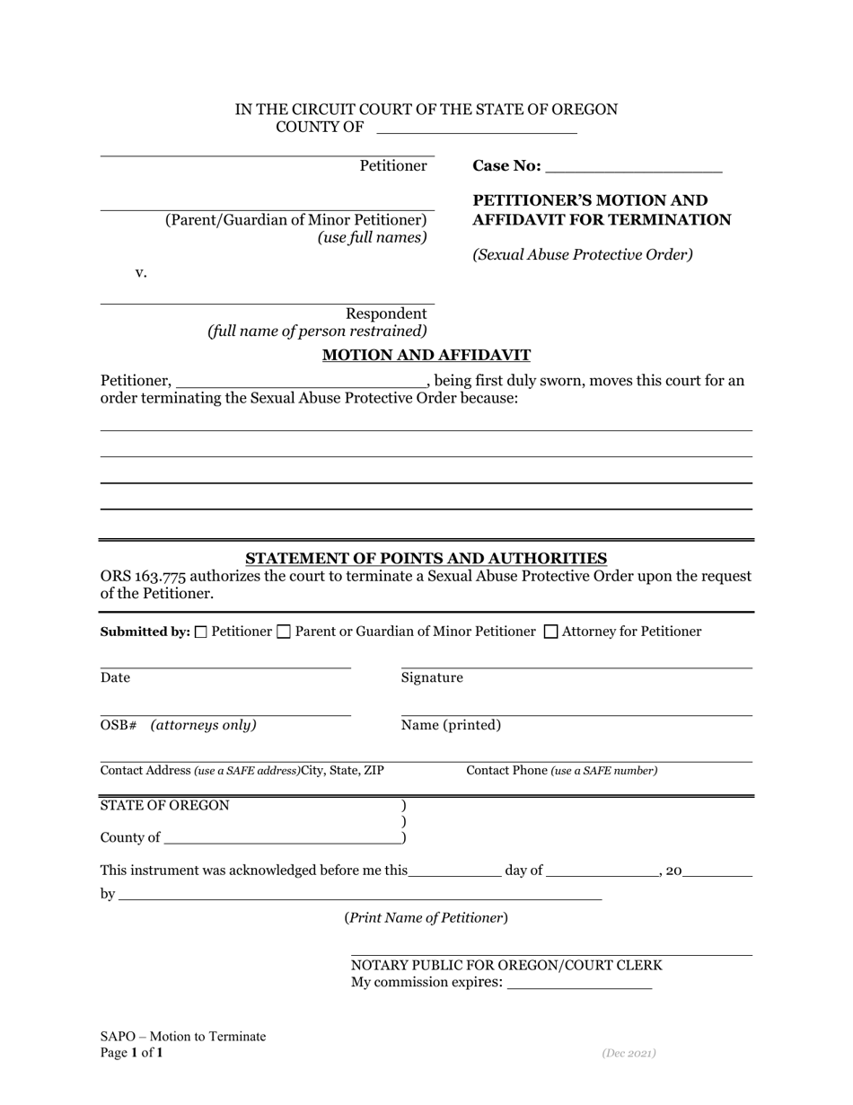 Petitioner's Motion and Affidavit for Termination (Sexual Abuse Protective Order) - Oregon, Page 1