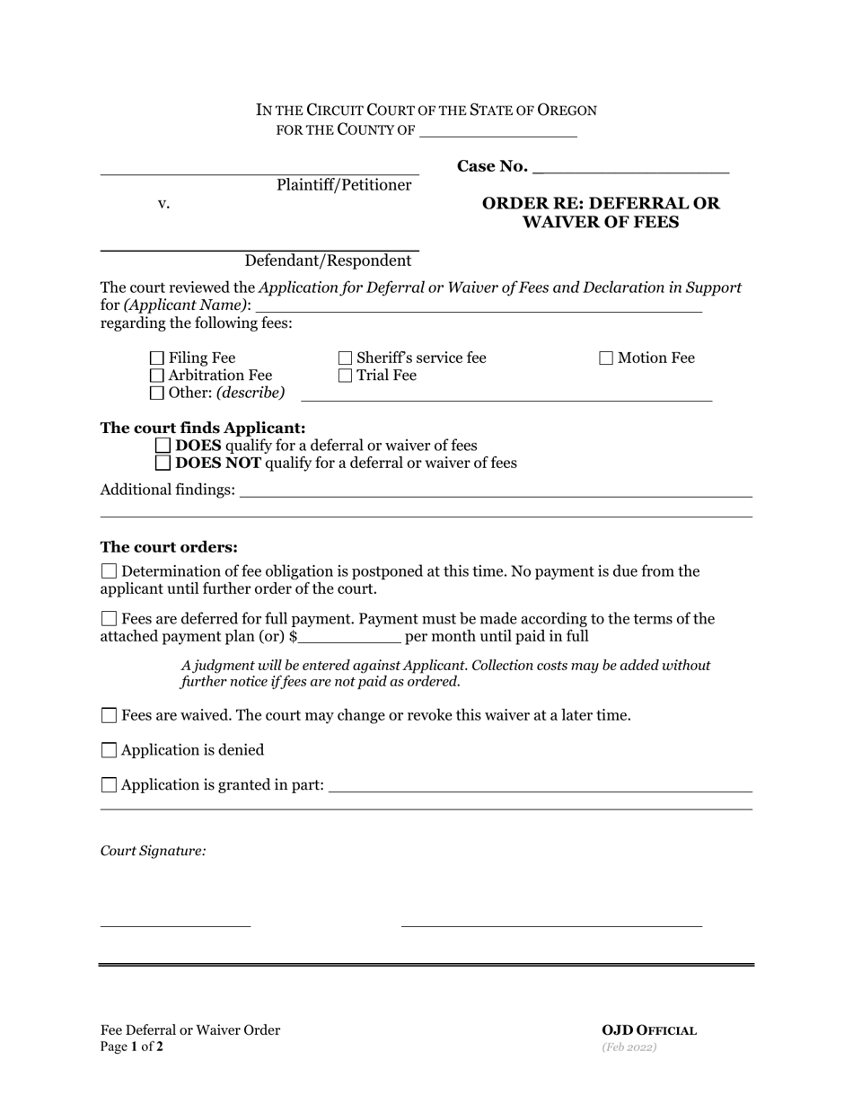 Order Re: Deferral or Waiver of Fees - Oregon, Page 1