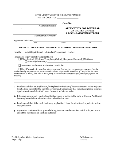 Application for Deferral or Waiver of Fees & Declaration in Support - Oregon Download Pdf