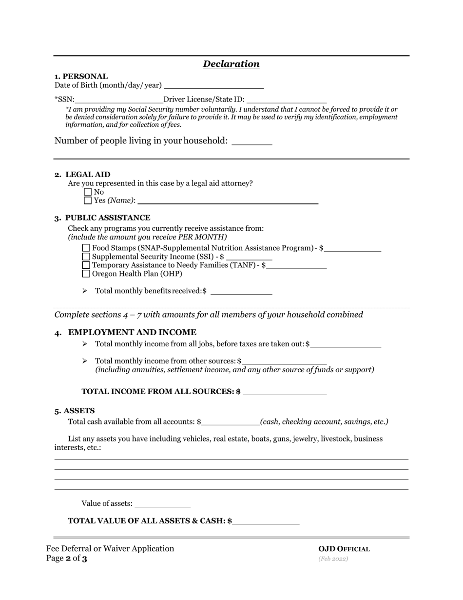 Application for Deferral or Waiver of Fees  Declaration in Support - Oregon, Page 2