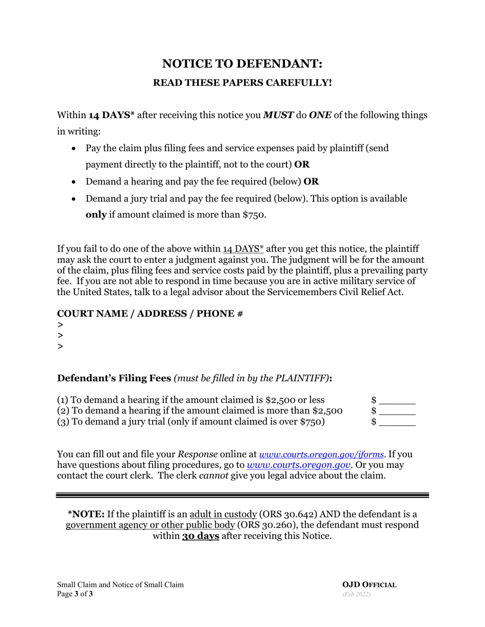 Small Claim and Notice of Small Claim - Oregon, Page 3