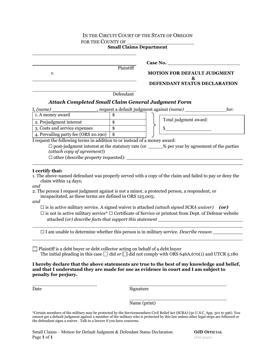 Motion for Default Judgment  Defendant Status Declaration - Oregon, Page 1