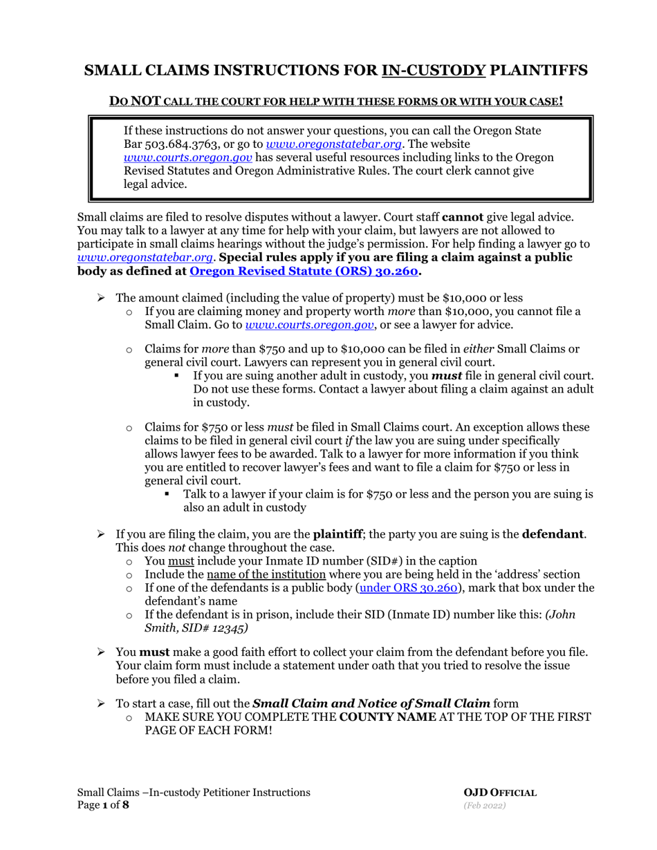Small Claims Instructions for in-Custody Plaintiffs - Oregon, Page 1