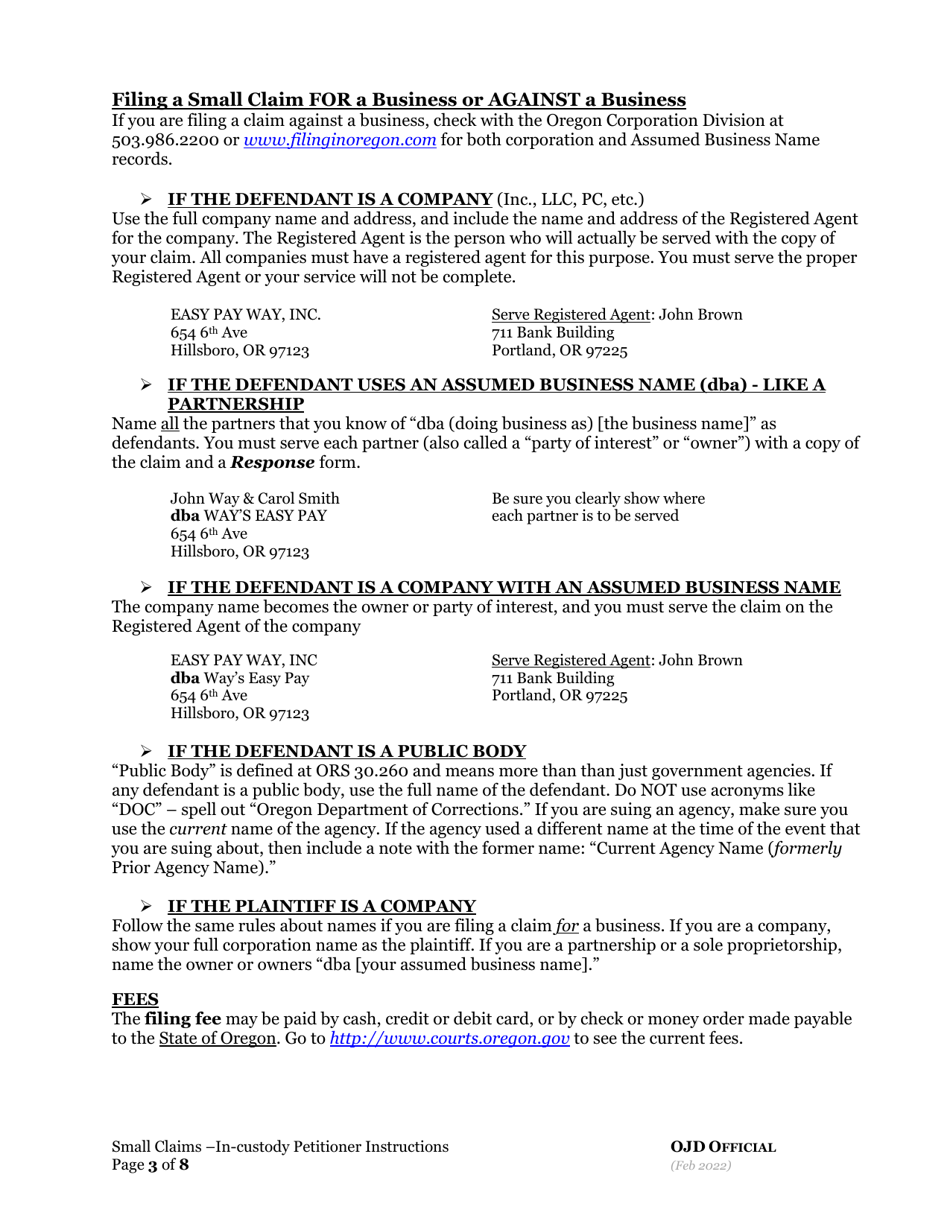 Small Claims Instructions for in-Custody Plaintiffs - Oregon, Page 3