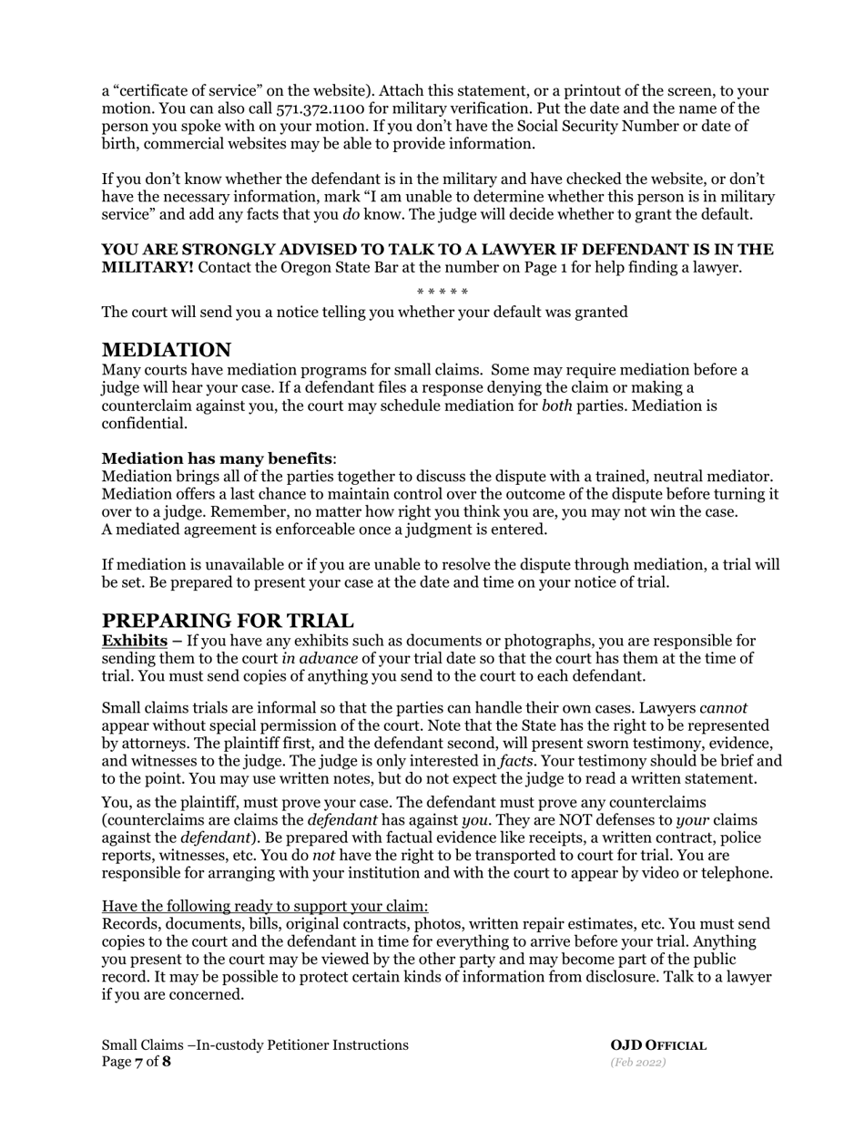 Small Claims Instructions for in-Custody Plaintiffs - Oregon, Page 7