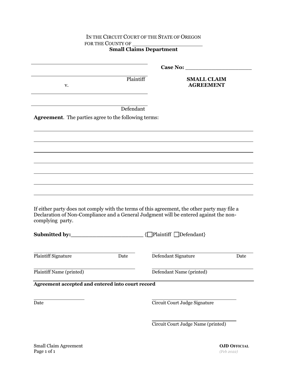 Small Claim Agreement - Oregon, Page 1