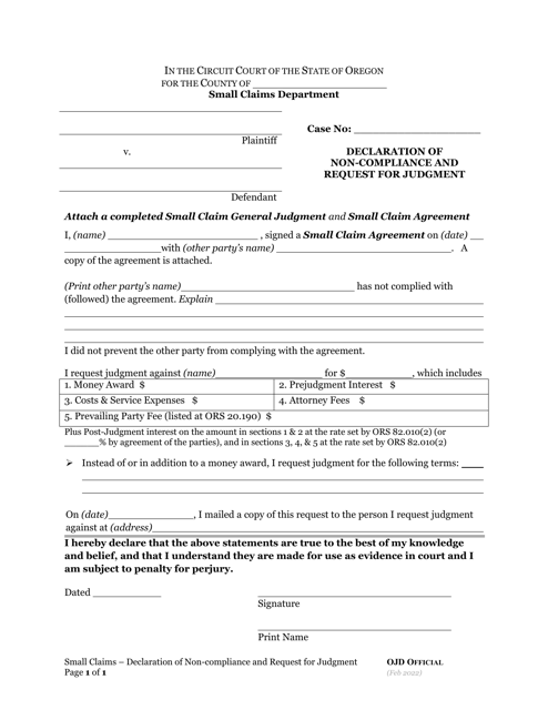 Declaration of Non-compliance and Request for Judgment - Oregon Download Pdf