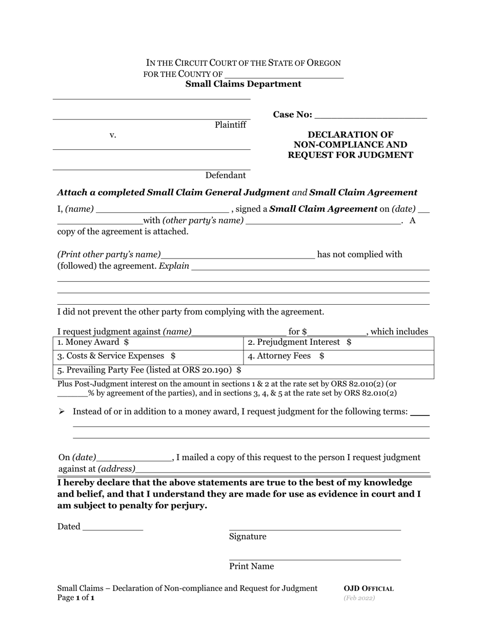 Declaration of Non-compliance and Request for Judgment - Oregon, Page 1