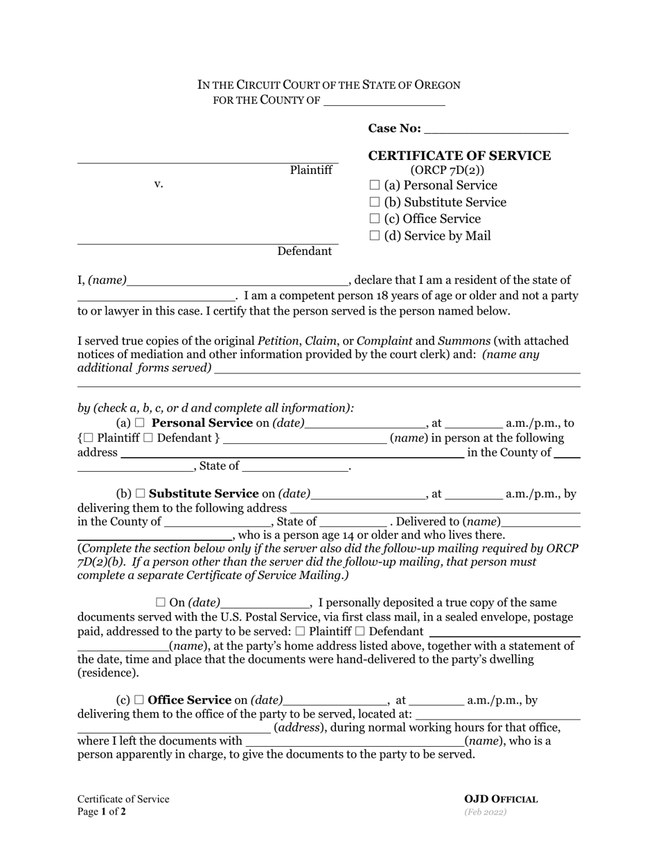 Certificate of Service - Oregon, Page 1