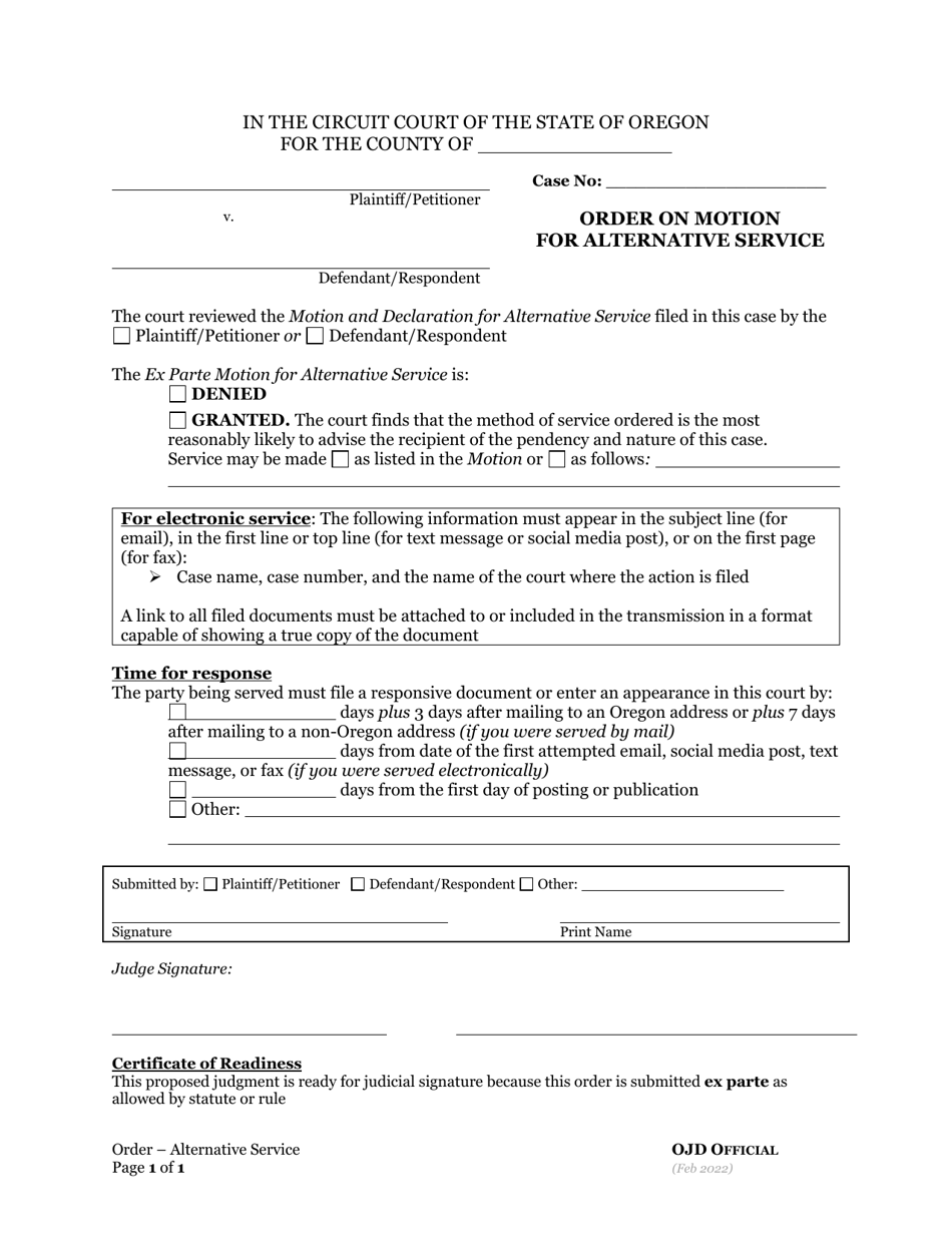 Order on Motion for Alternative Service - Oregon, Page 1