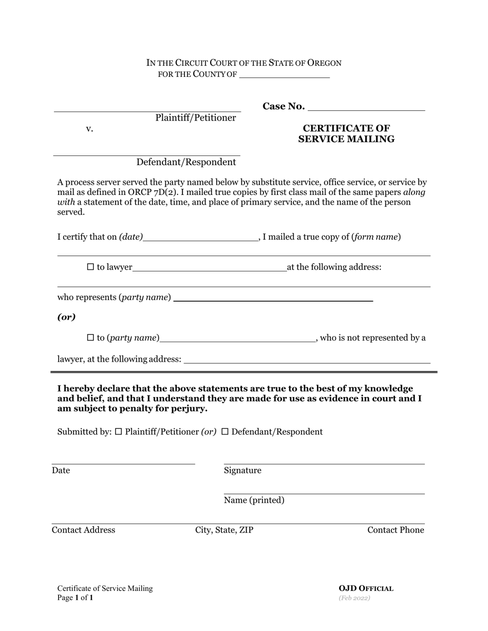 Certificate of Service Mailing - Oregon, Page 1