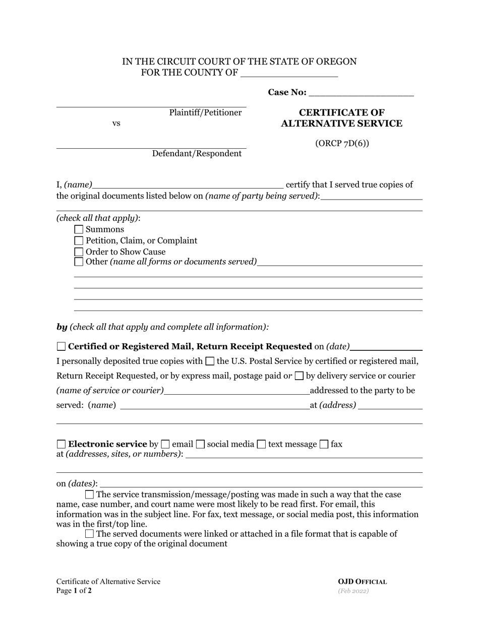 Certificate of Alternative Service - Oregon, Page 1