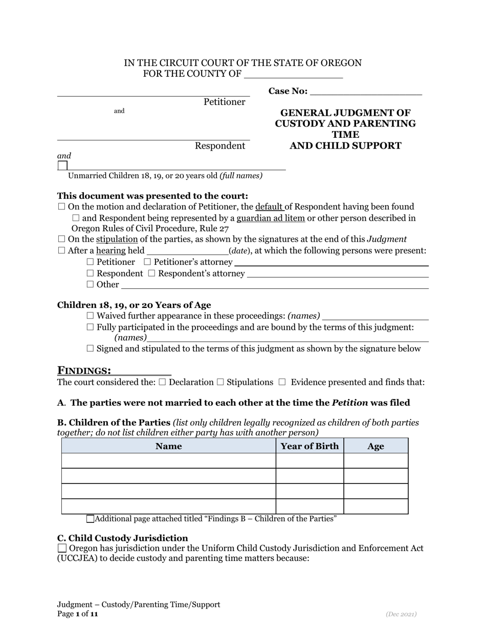 General Judgment of Custody and Parenting Time and Child Support - Oregon, Page 1