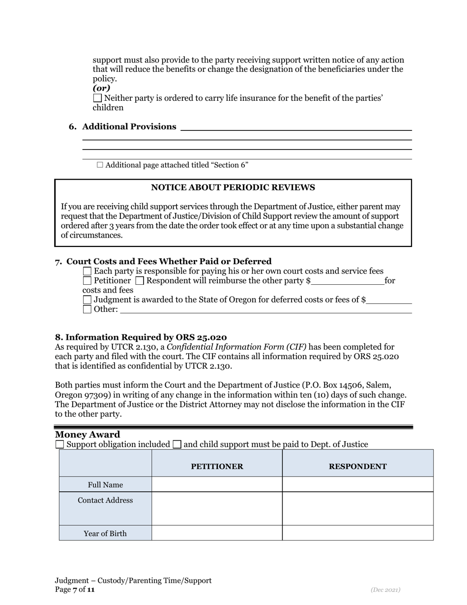 General Judgment of Custody and Parenting Time and Child Support - Oregon, Page 7
