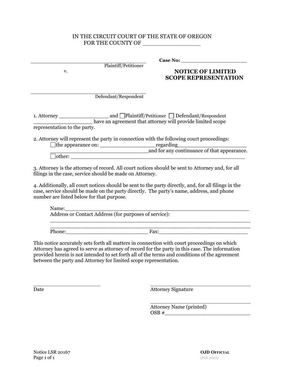 Notice of Limited Scope Representation - Oregon, Page 1