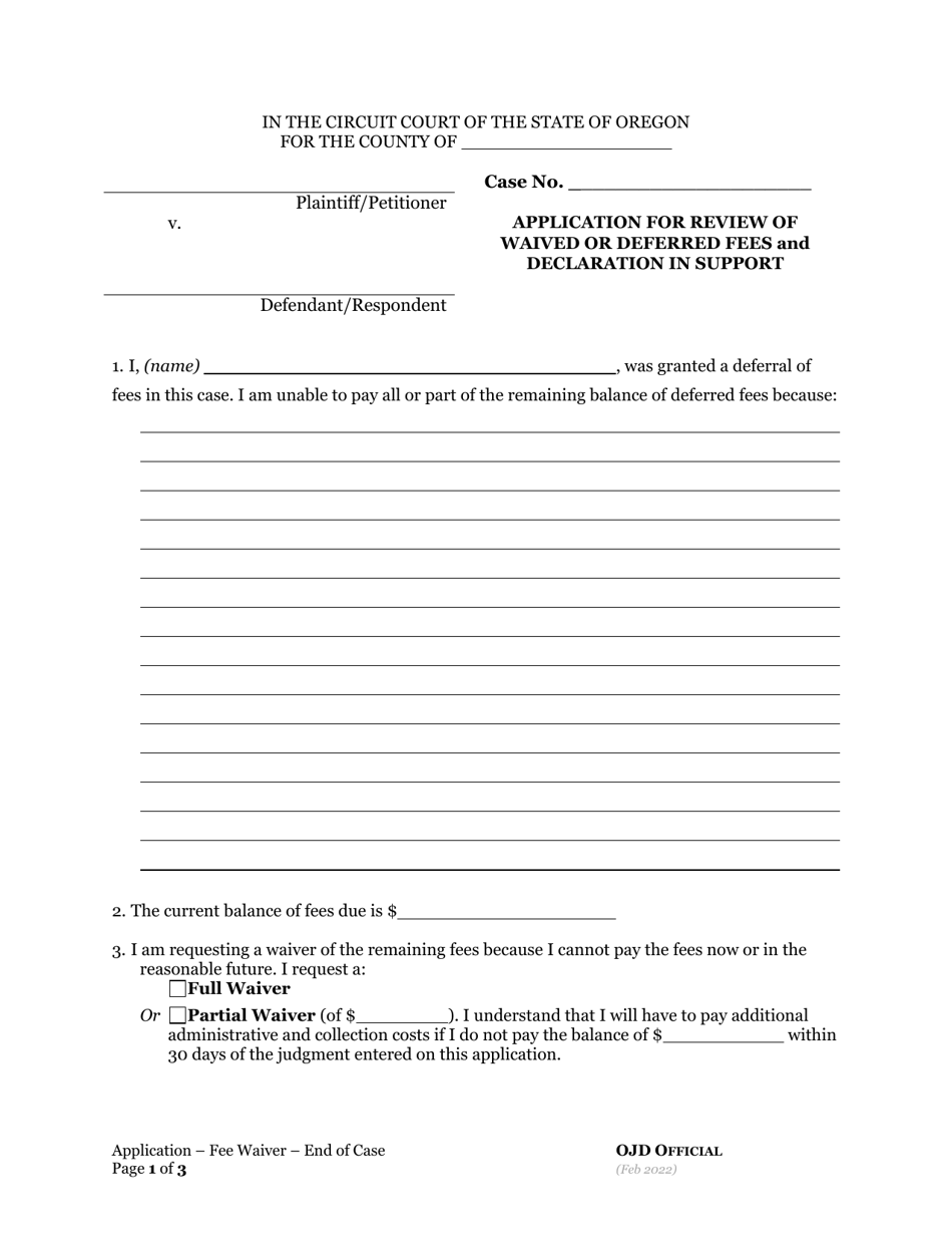 Application for Review of Waived or Deferred Fees and Declaration in Support - Oregon, Page 1